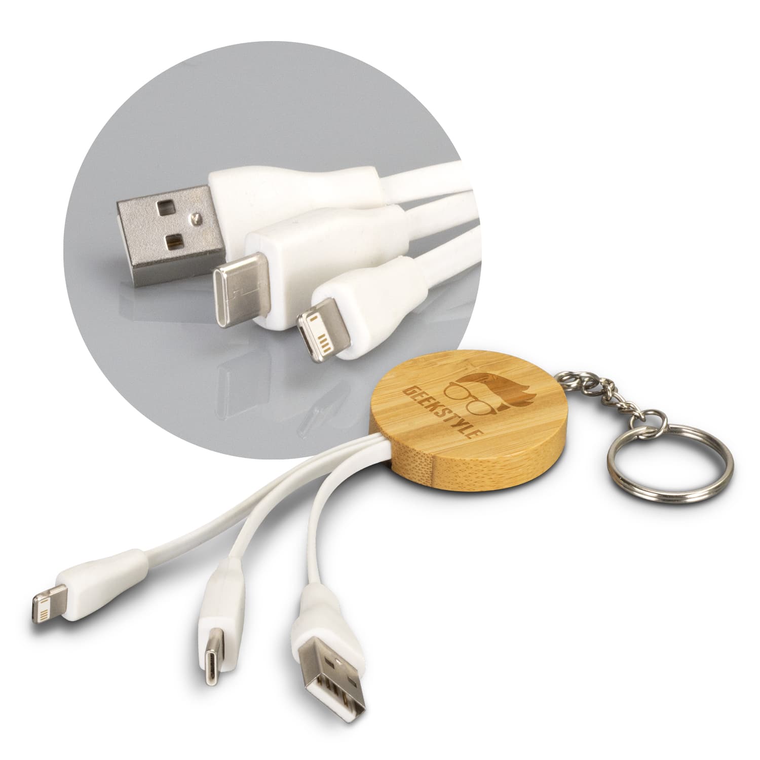 Bamboo Charging Cable Key Ring - Round-Active Image