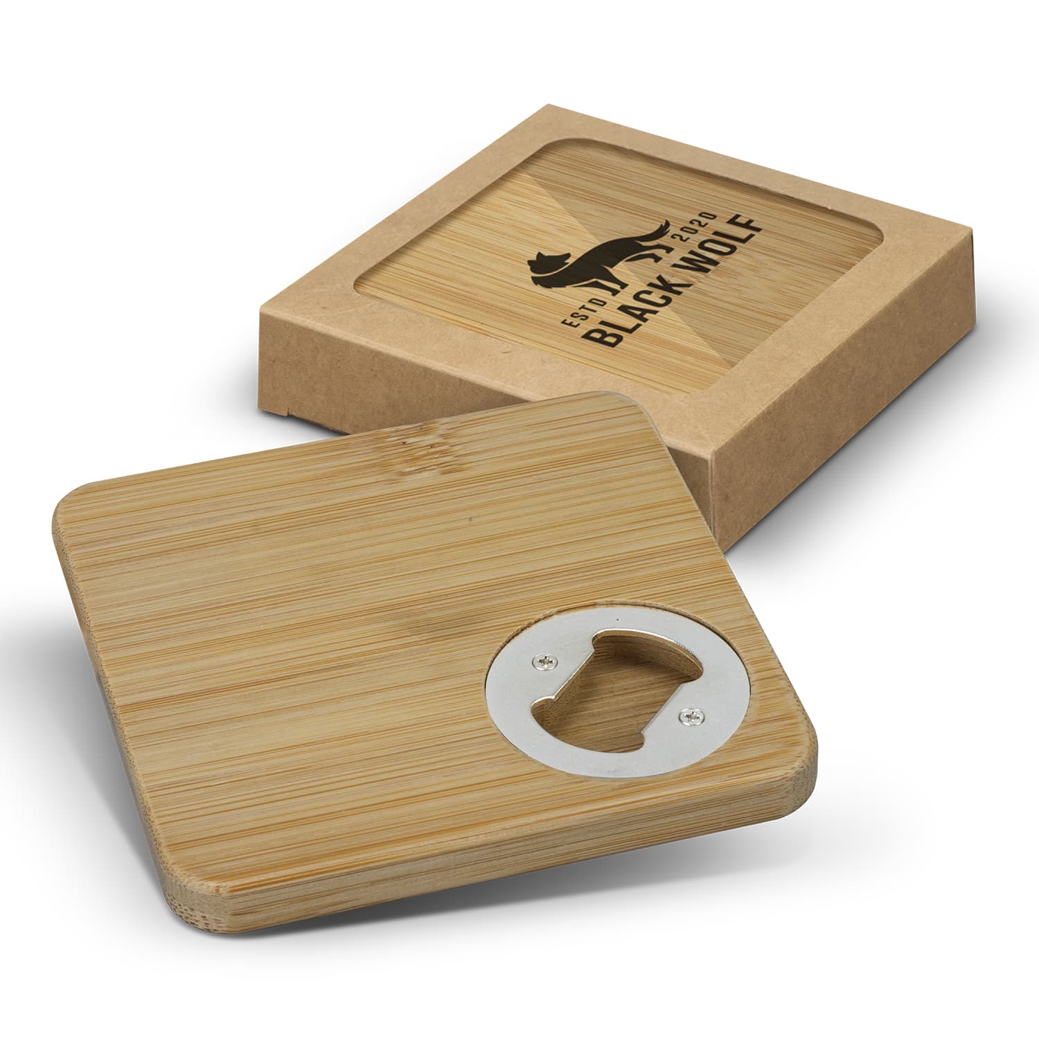 Bamboo Bottle Opener Coaster - Set of 2 - Square-Active Image